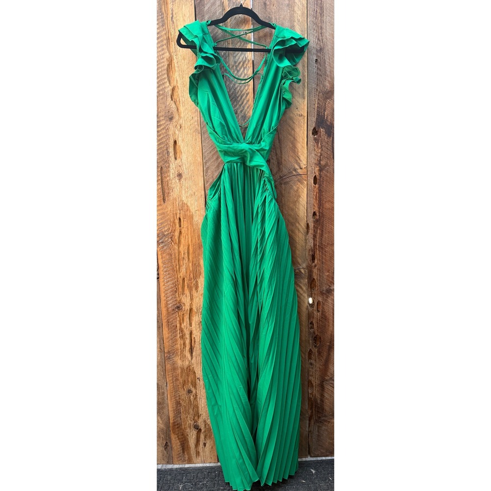 Pleated Maxi Dress Womens Emerald Green Open Back Resort Greek Goddess Cottage